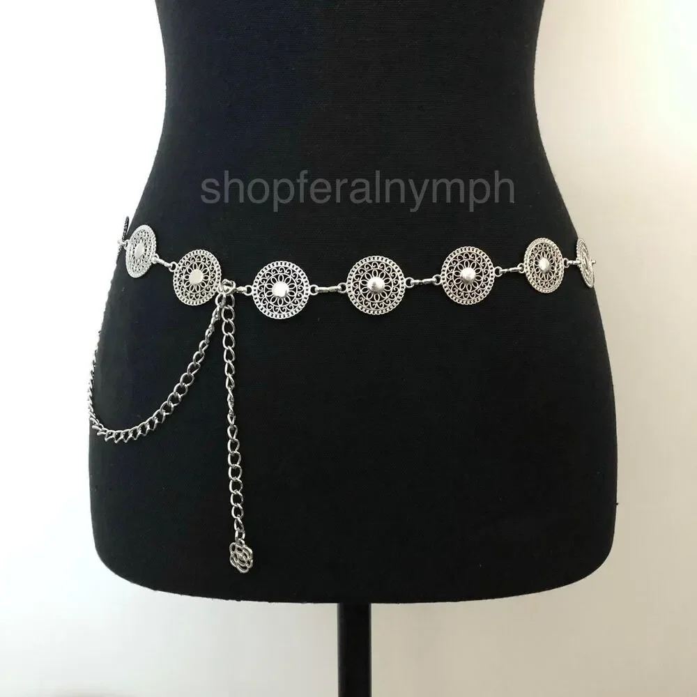 Vintage Y2K Boho Silver Mandala Circle Chain Belt, Fits 26.5–46 Inches, X7GA1166
